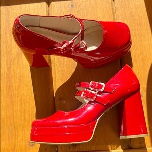 Red Patent Leather Platform Mary Jane Shoes